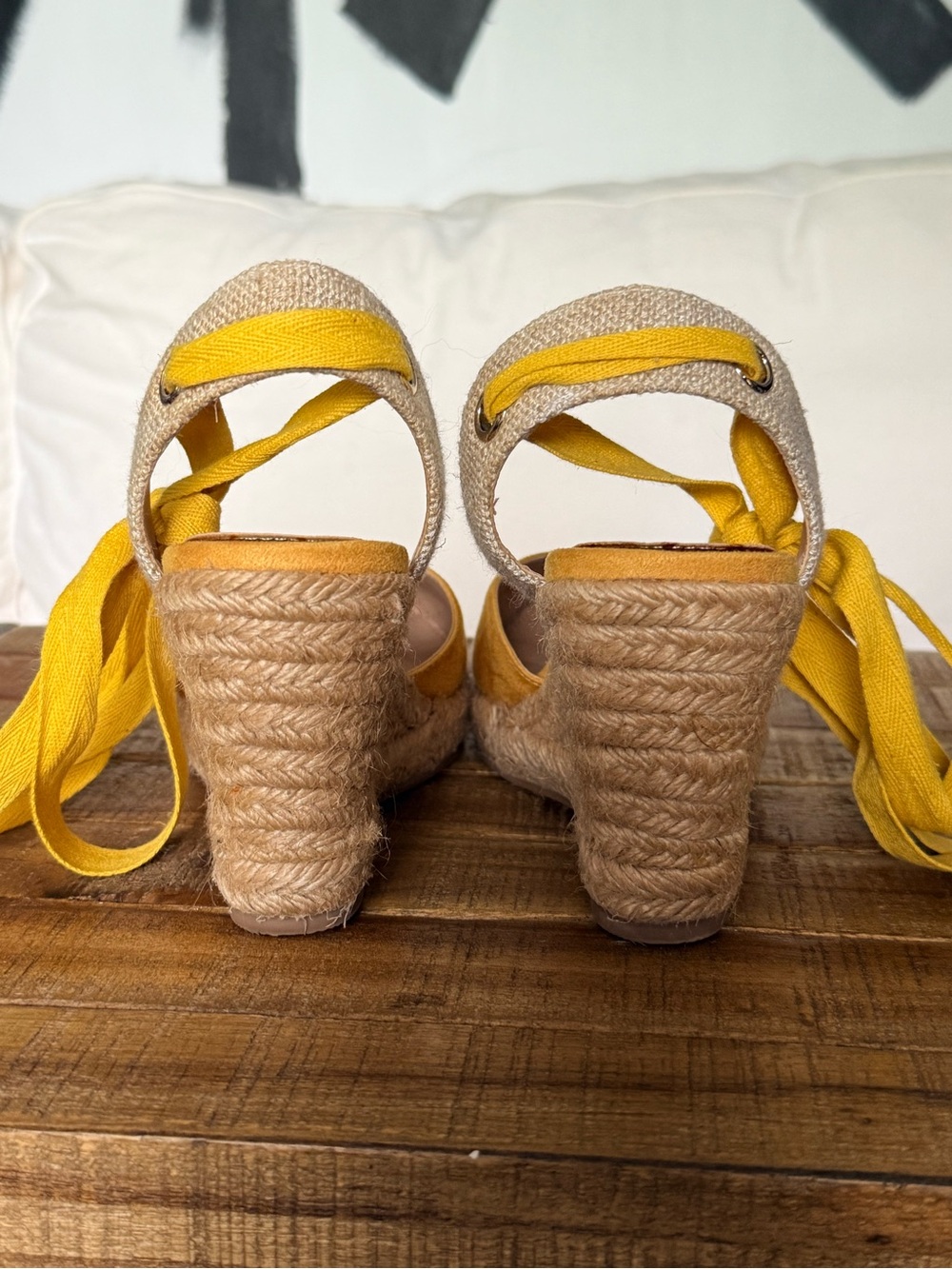 Aldo Mustard Yellow Espadrille Wedge Sandals with Wrap Tie - Picture 7 of 9